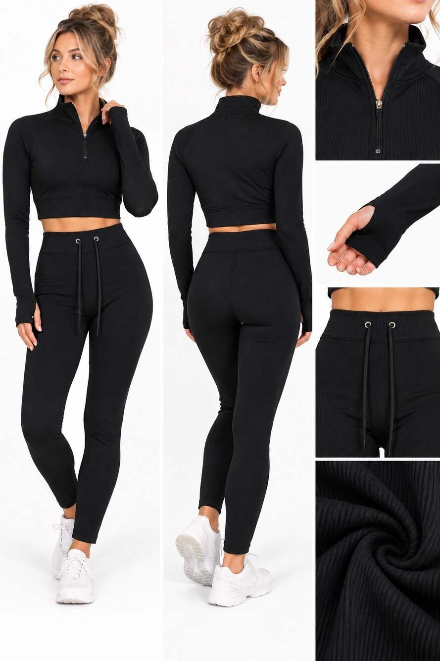NWT Ribbed Seamless 2 Piece Activewear Set Cropped Top + Leggings Black Size M